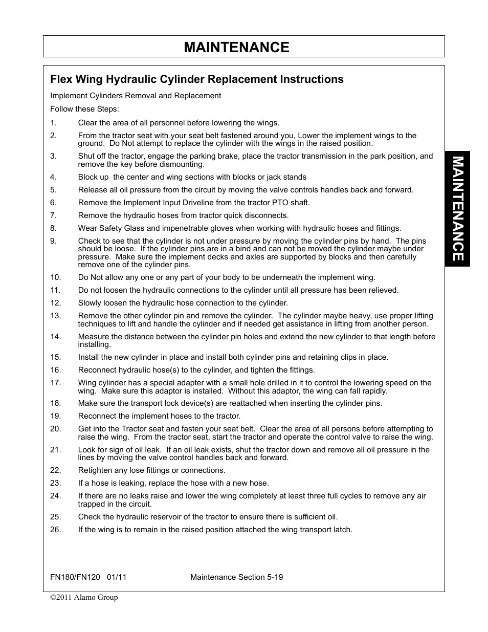 Reconnect the implement hoses to the tractor, Retighten any lose fittings or connections, Maintenance | Rhino Mounts FN120 User Manual | Page 171 / 194