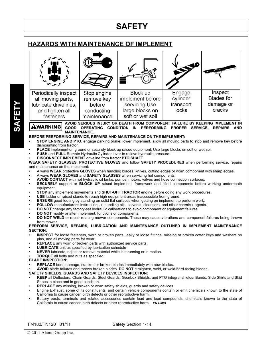 Hazards with maintenance of implement, Safety | Rhino Mounts FN120 User Manual | Page 22 / 194