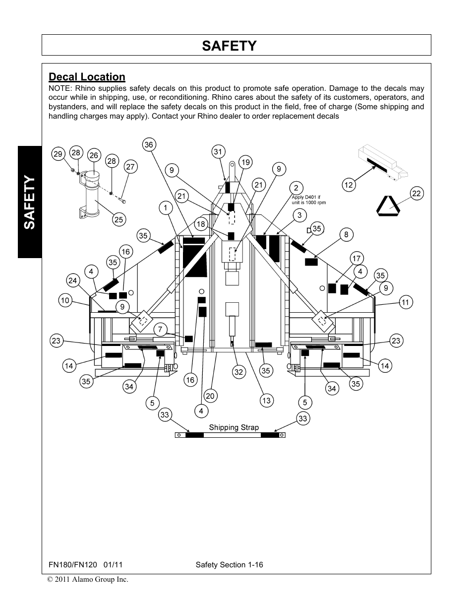 Decal location, Safety | Rhino Mounts FN120 User Manual | Page 24 / 194