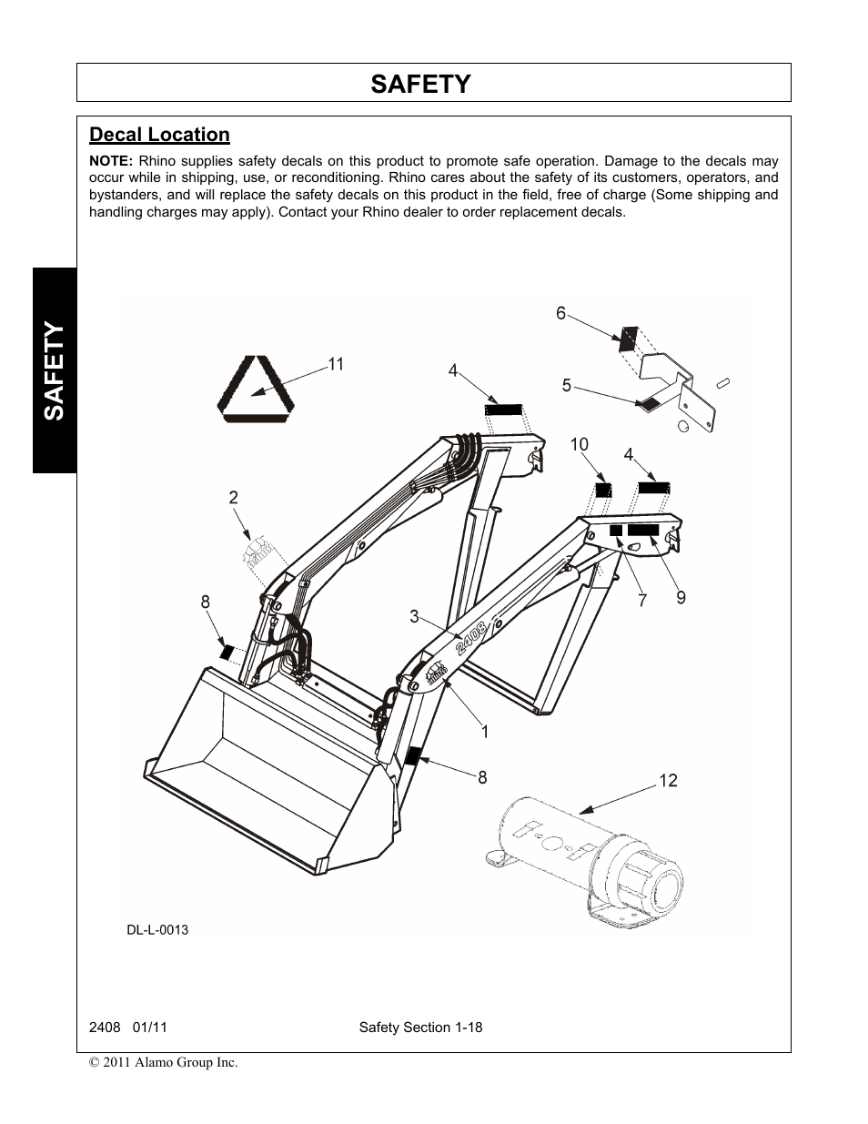 Decal location, Decal location -18, Safety | Rhino Mounts 2408 User Manual | Page 22 / 106