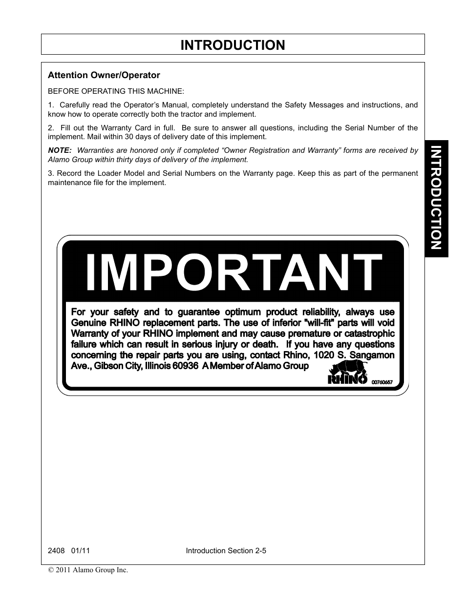 Attention owner/operator, Introduction | Rhino Mounts 2408 User Manual | Page 35 / 106