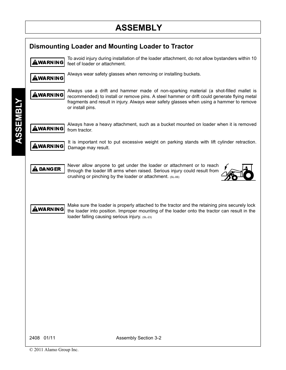 Dismounting loader and mounting loader to tractor, Assembly, Assembl y | Rhino Mounts 2408 User Manual | Page 38 / 106