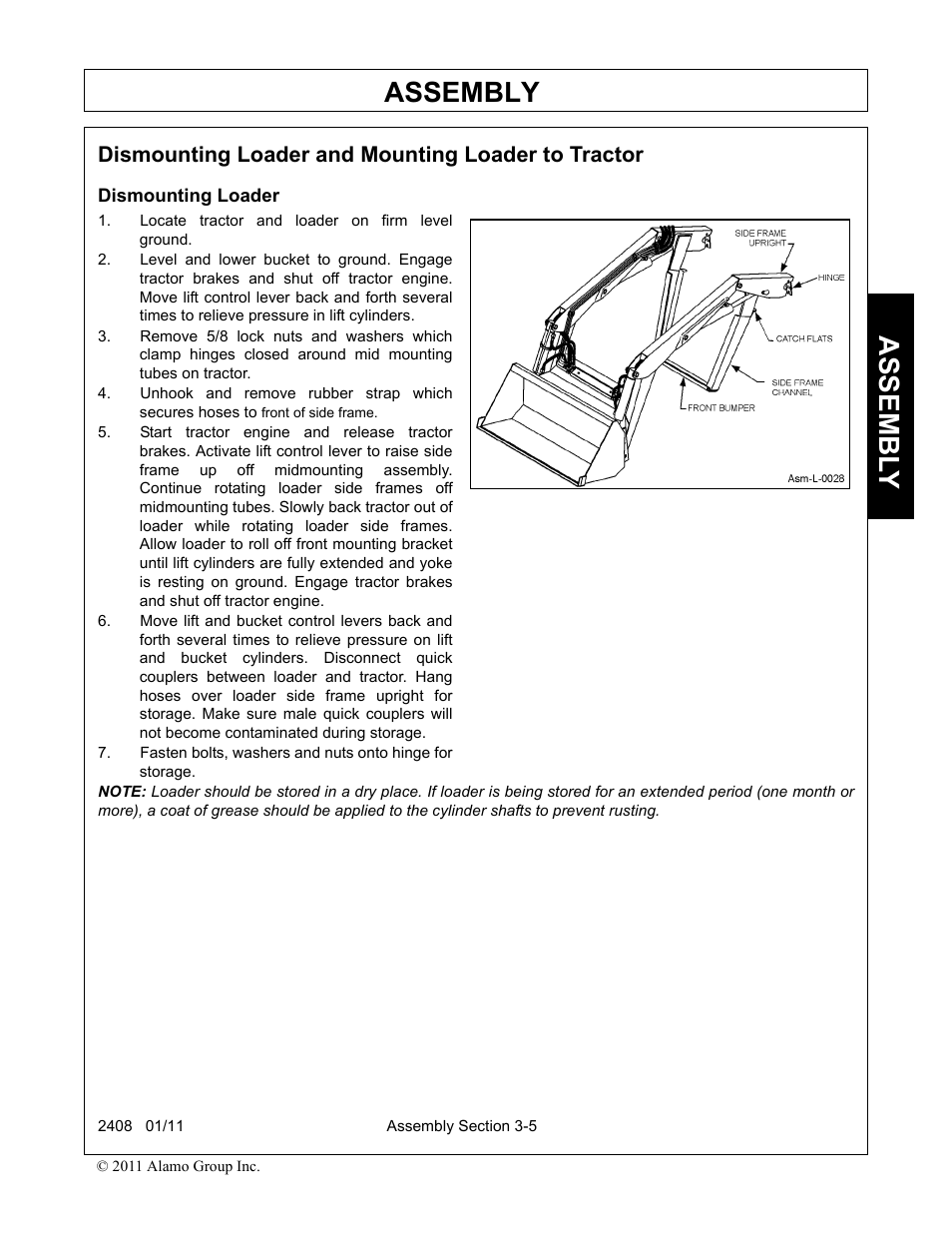 Dismounting loader and mounting loader to tractor, Dismounting loader, Locate tractor and loader on firm level ground | Assembly, Assembl y | Rhino Mounts 2408 User Manual | Page 41 / 106