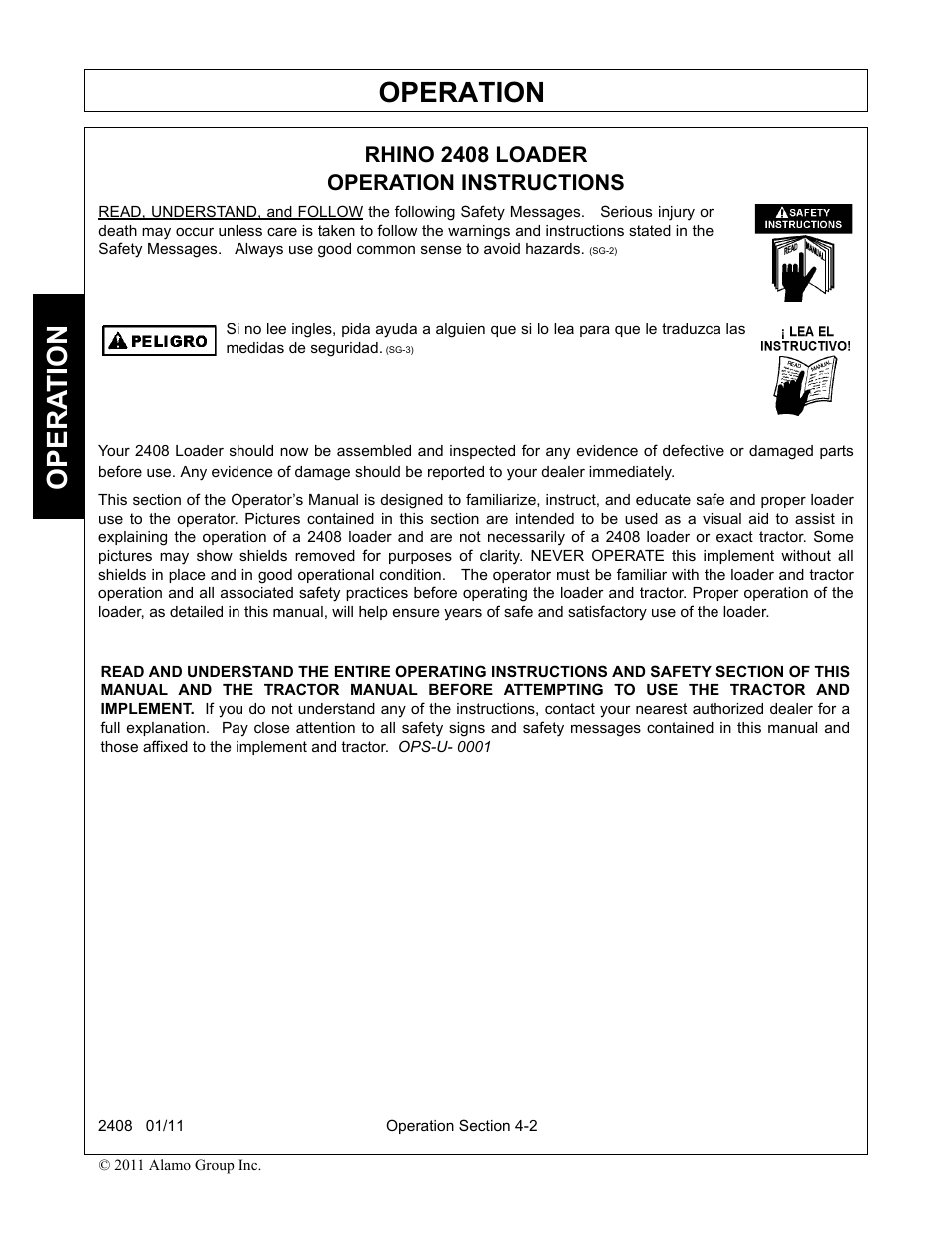 Rhino 2408 loader, Operation instructions, Operation | Opera t ion | Rhino Mounts 2408 User Manual | Page 48 / 106