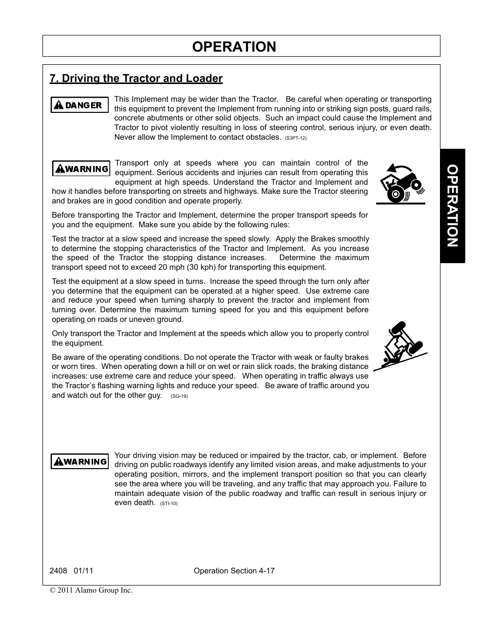 Driving the tractor and loader, Driving the tractor and loader -17, Operation | Opera t ion | Rhino Mounts 2408 User Manual | Page 63 / 106