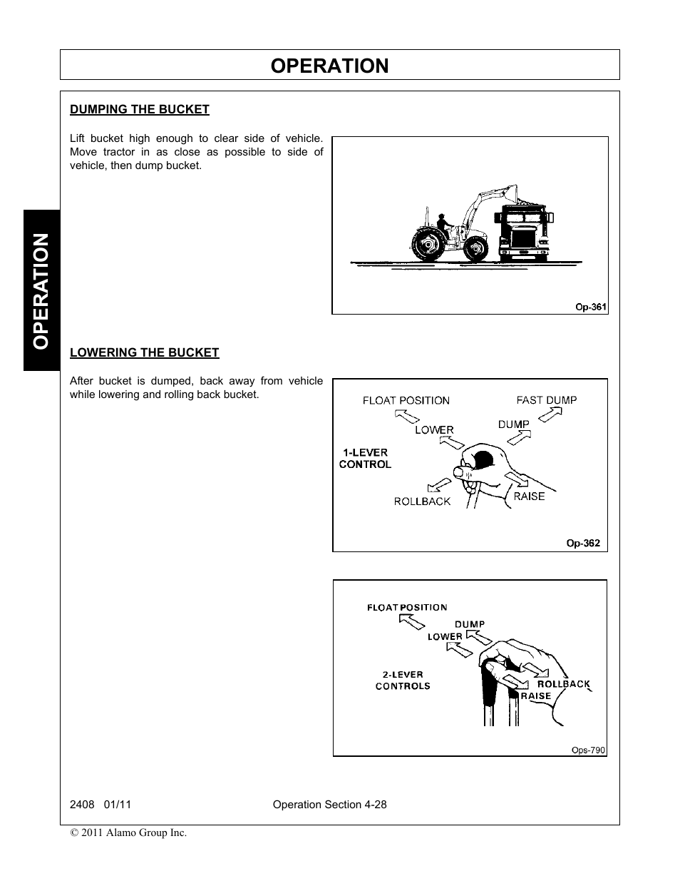 Dumping the bucket, Lowering the bucket, Operation | Opera t ion | Rhino Mounts 2408 User Manual | Page 74 / 106