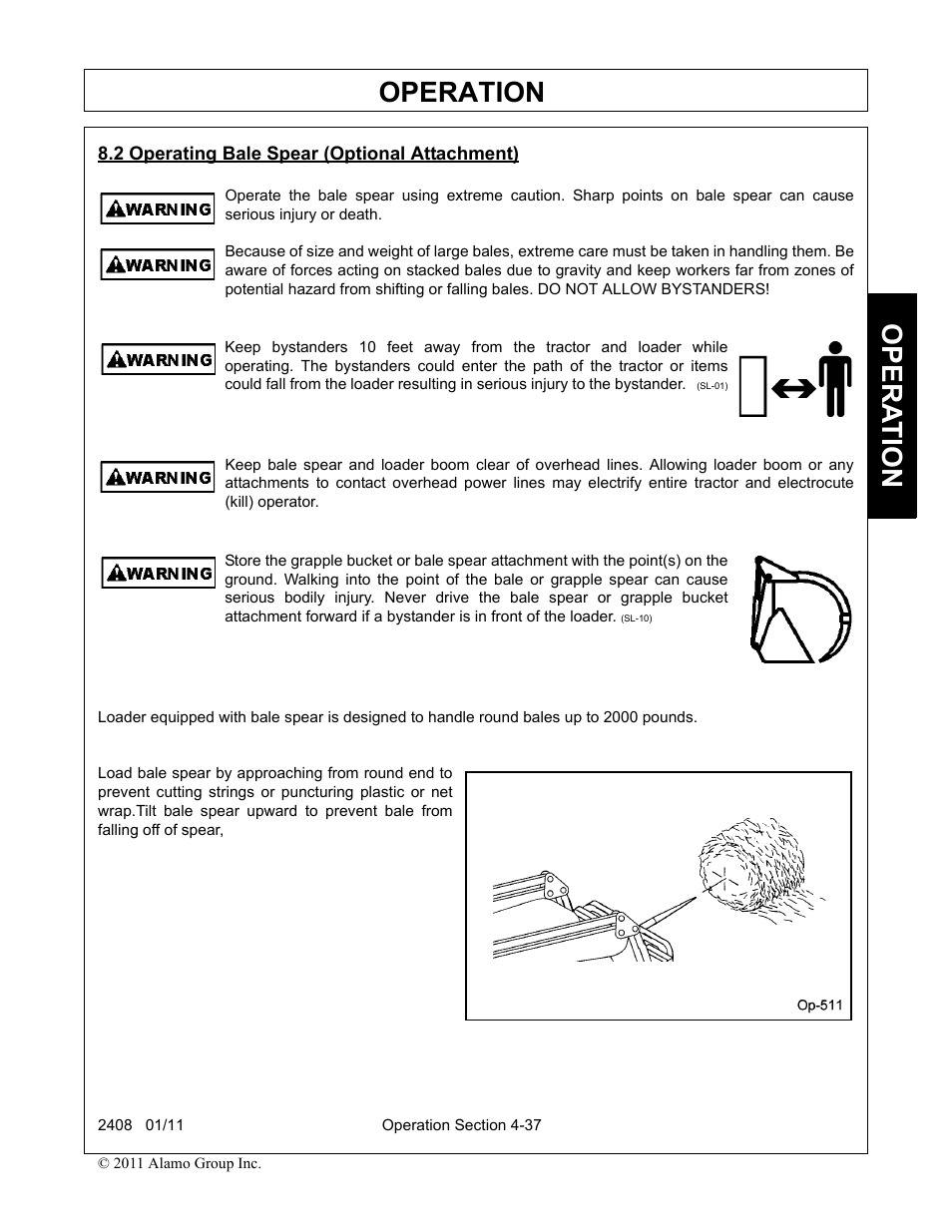 2 operating bale spear (optional attachment), Operating bale spear (optional attachment) -37, Operation | Opera t ion | Rhino Mounts 2408 User Manual | Page 83 / 106