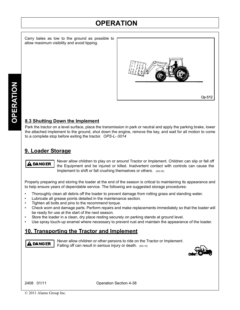 3 shutting down the implement, Loader storage, Transporting the tractor and implement | Operation, Opera t ion | Rhino Mounts 2408 User Manual | Page 84 / 106