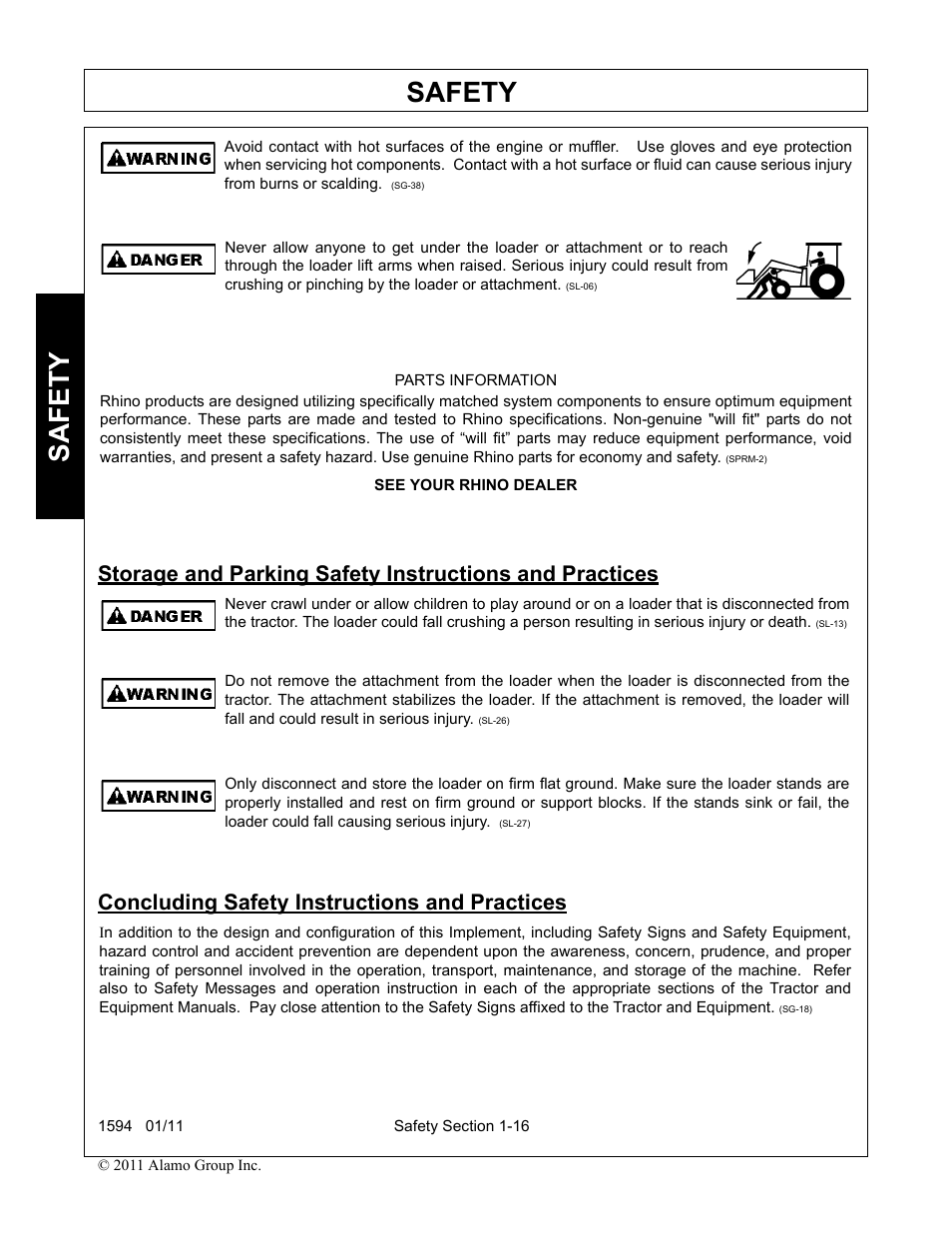 Concluding safety instructions and practices, Safety | Rhino Mounts 1594 User Manual | Page 20 / 102