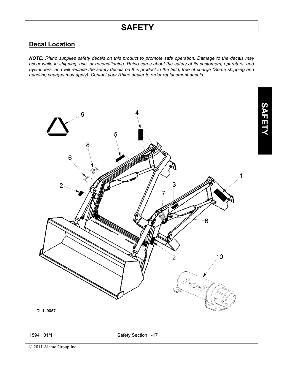 Decal location, Decal location -17, Safety | Rhino Mounts 1594 User Manual | Page 21 / 102