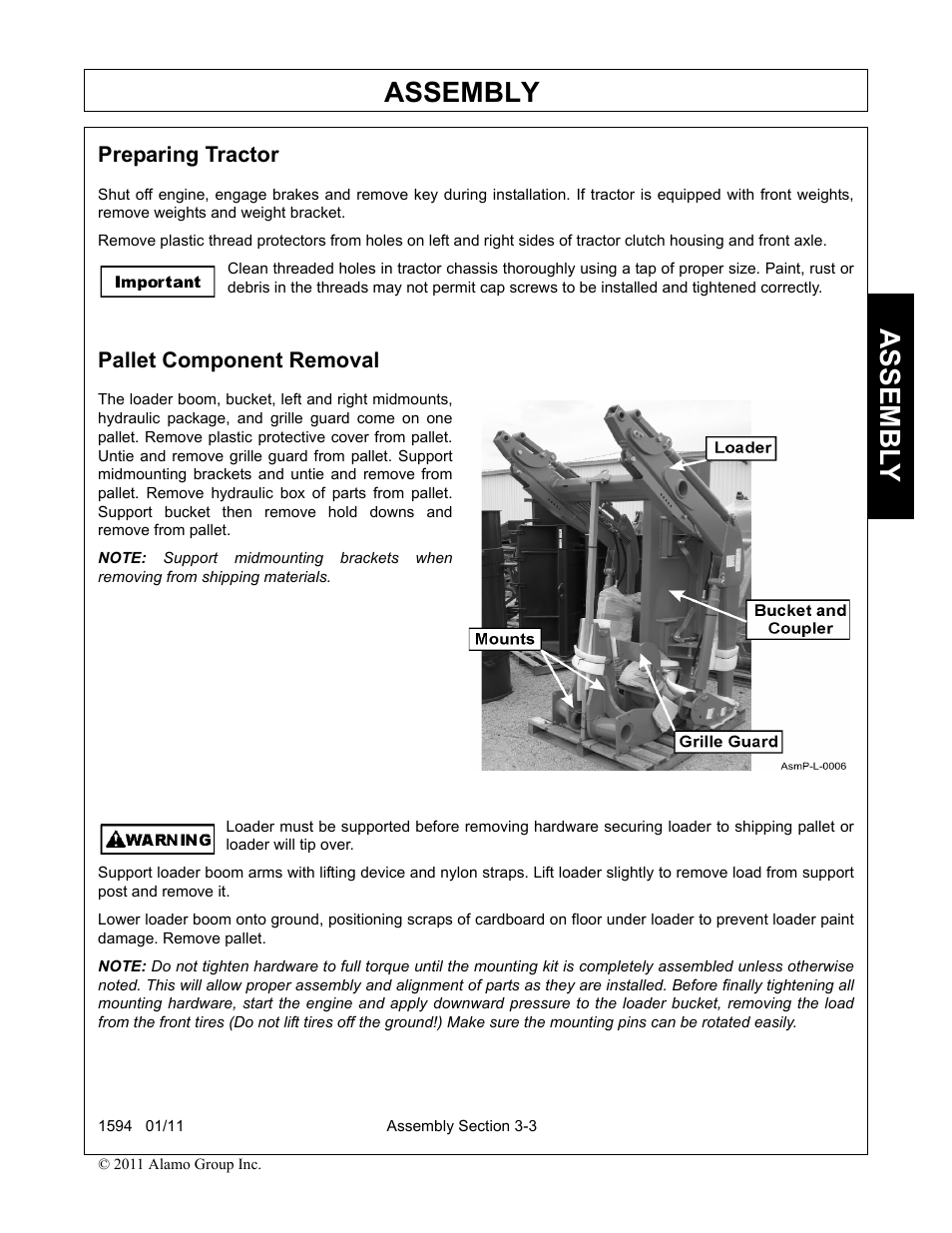 Preparing tractor, Pallet component removal, Preparing tractor -3 pallet component removal -3 | Assembly, Assembl y | Rhino Mounts 1594 User Manual | Page 37 / 102