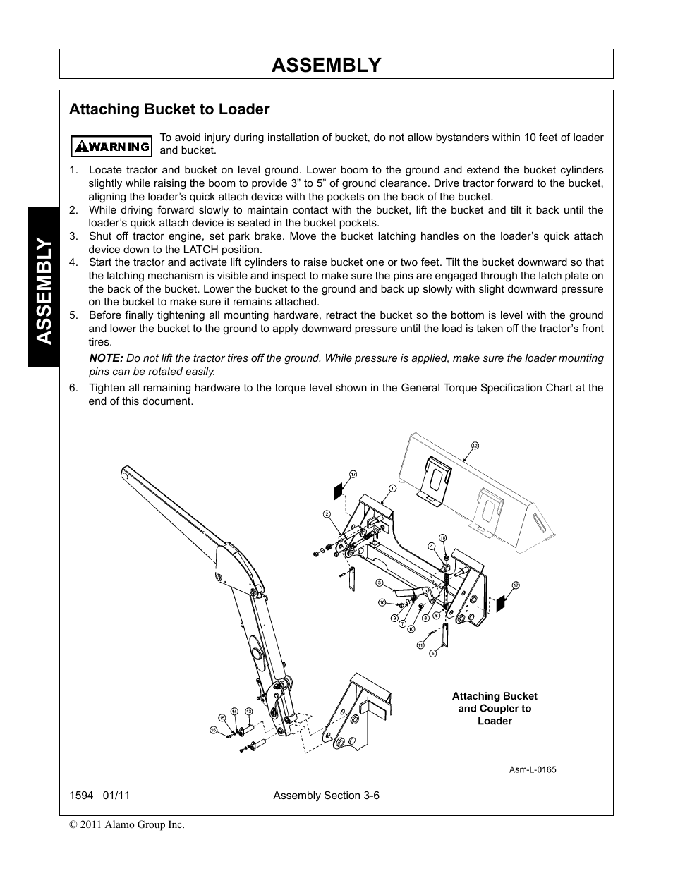 Attaching bucket to loader, Attaching bucket to loader -6, Assembly | Assembl y | Rhino Mounts 1594 User Manual | Page 40 / 102