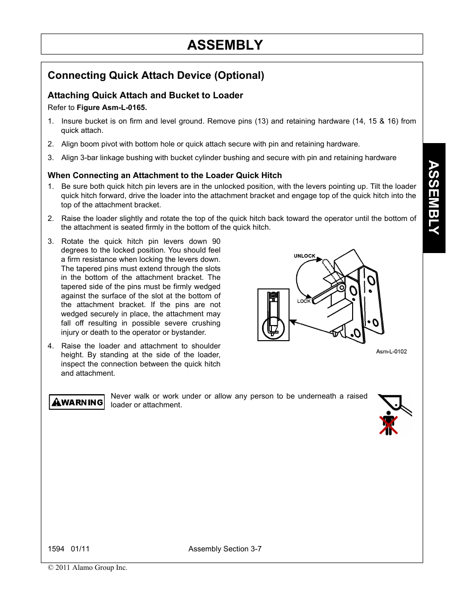 Connecting quick attach device (optional), Attaching quick attach and bucket to loader, Assembly | Assembl y | Rhino Mounts 1594 User Manual | Page 41 / 102