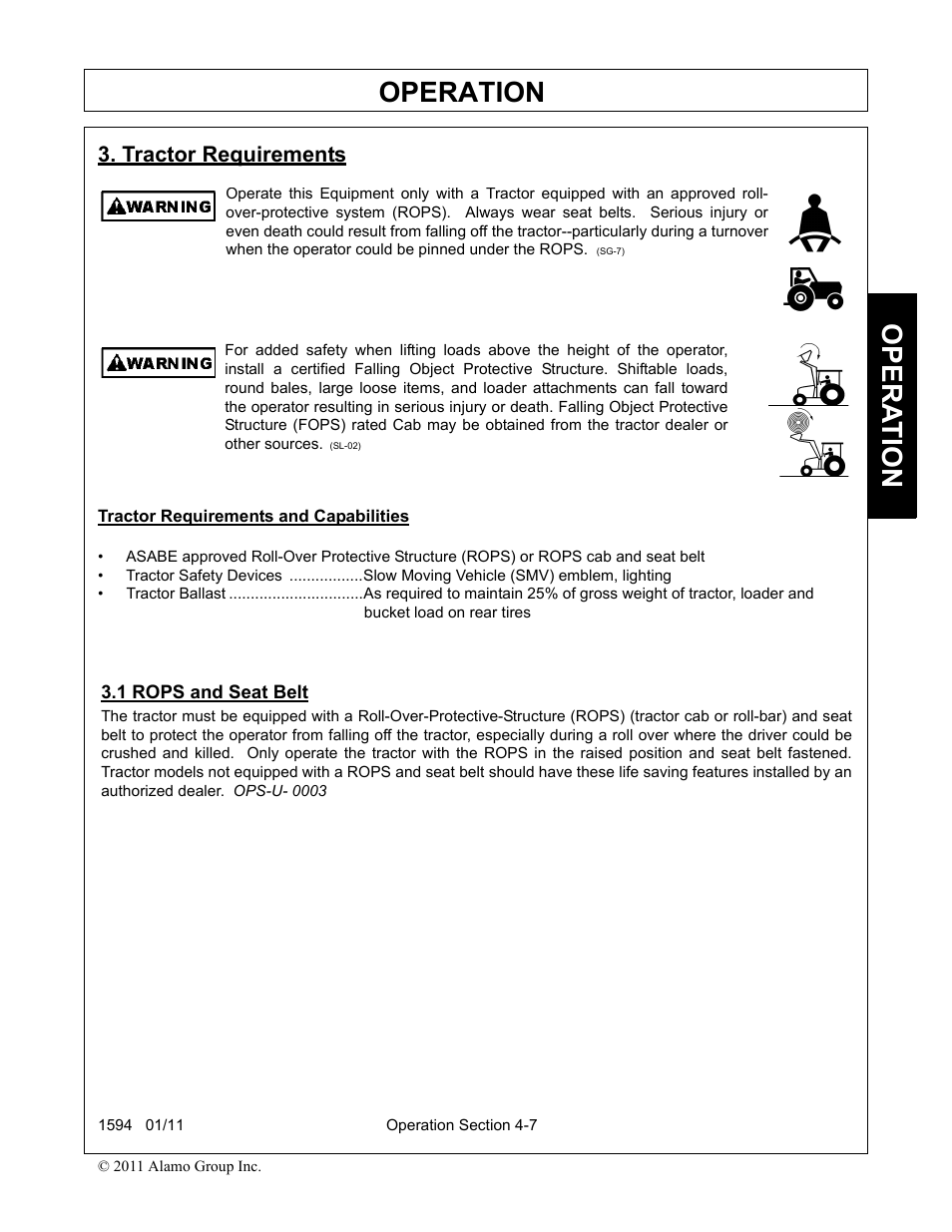 Tractor requirements, 1 rops and seat belt, Tractor requirements -7 rops and seat belt -7 | Operation, Opera t ion | Rhino Mounts 1594 User Manual | Page 51 / 102