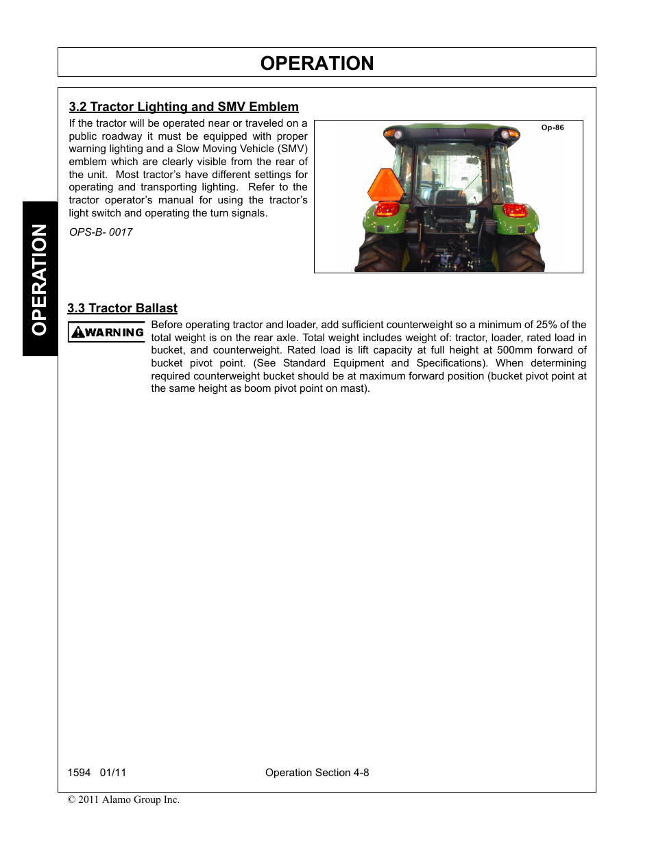 2 tractor lighting and smv emblem, 3 tractor ballast, Operation | Opera t ion | Rhino Mounts 1594 User Manual | Page 52 / 102