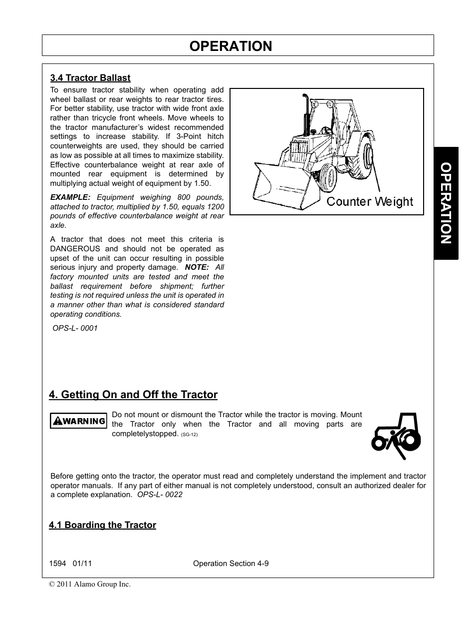 4 tractor ballast, Getting on and off the tractor, 1 boarding the tractor | Operation, Opera t ion | Rhino Mounts 1594 User Manual | Page 53 / 102