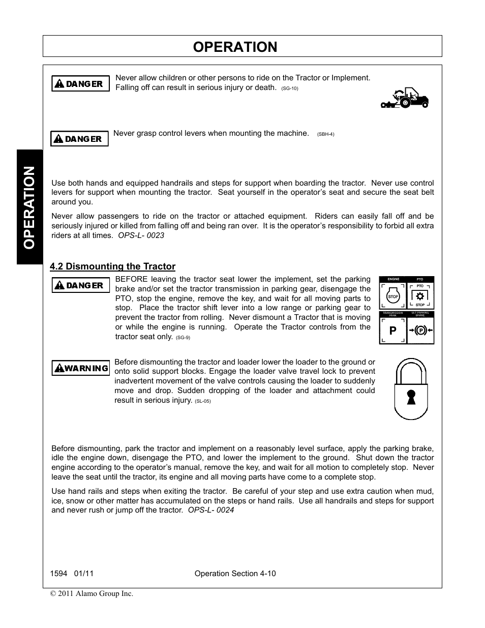 2 dismounting the tractor, Dismounting the tractor -10, Operation | Opera t ion | Rhino Mounts 1594 User Manual | Page 54 / 102
