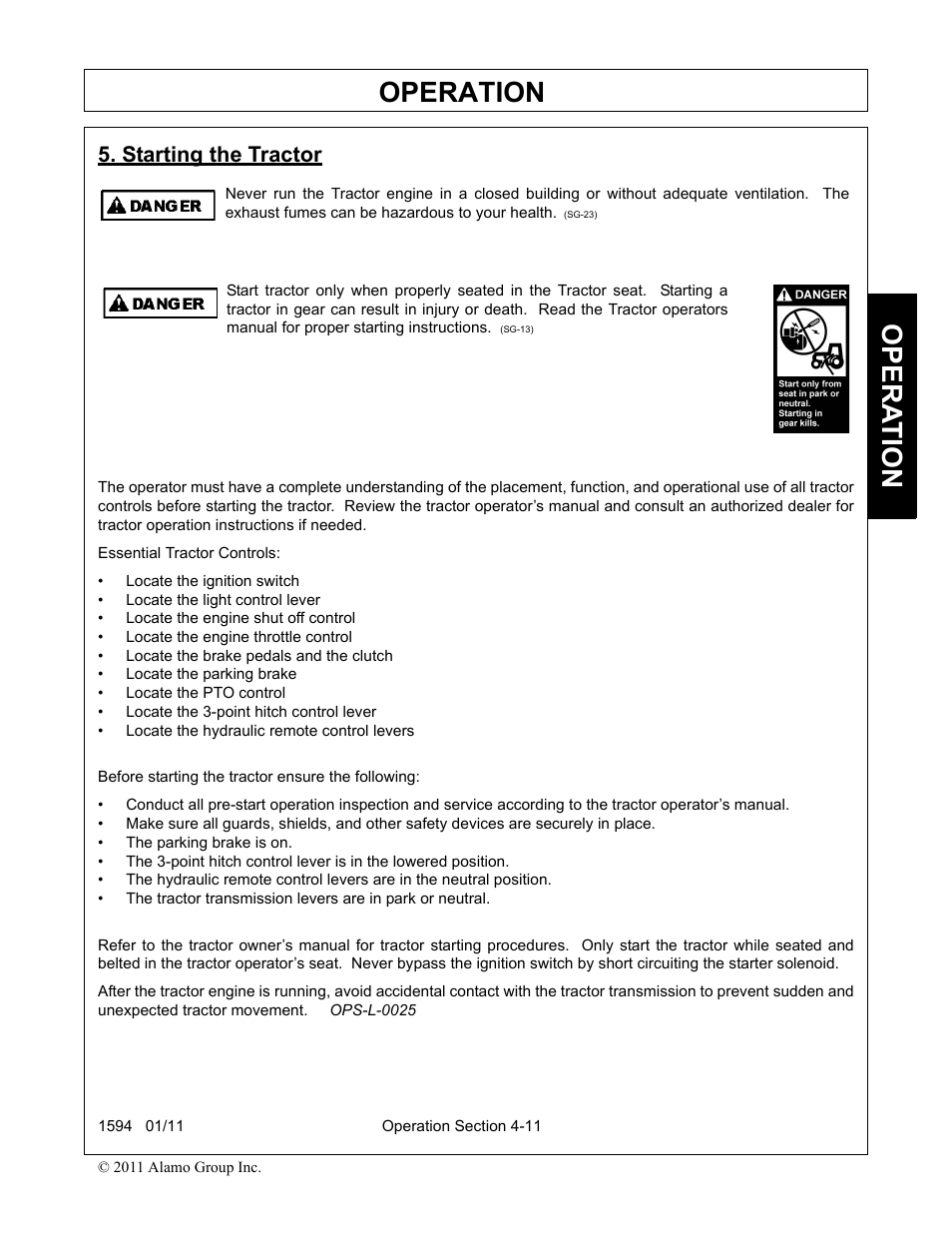 Starting the tractor, Starting the tractor -11, Operation | Opera t ion | Rhino Mounts 1594 User Manual | Page 55 / 102