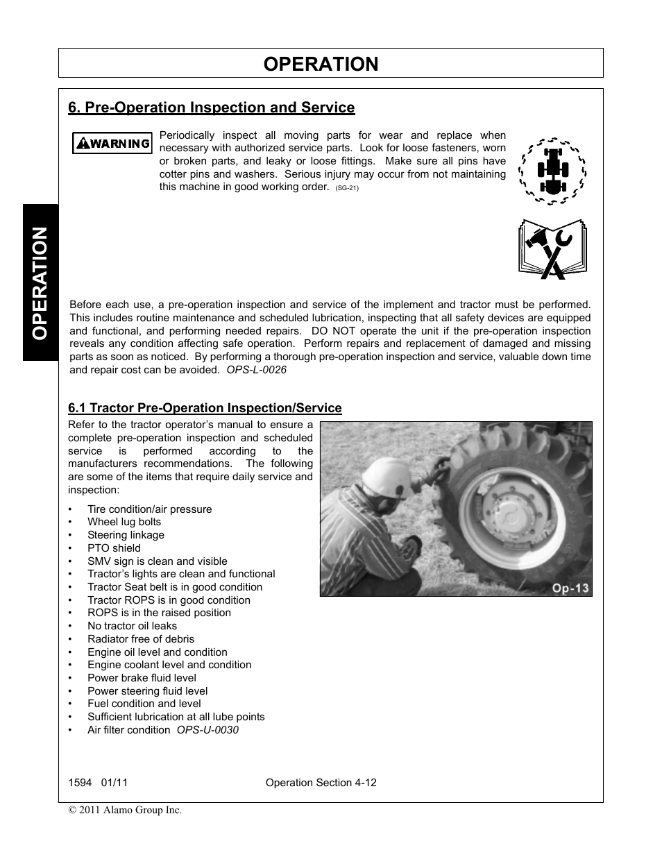 Pre-operation inspection and service, 1 tractor pre-operation inspection/service, Operation | Opera t ion | Rhino Mounts 1594 User Manual | Page 56 / 102