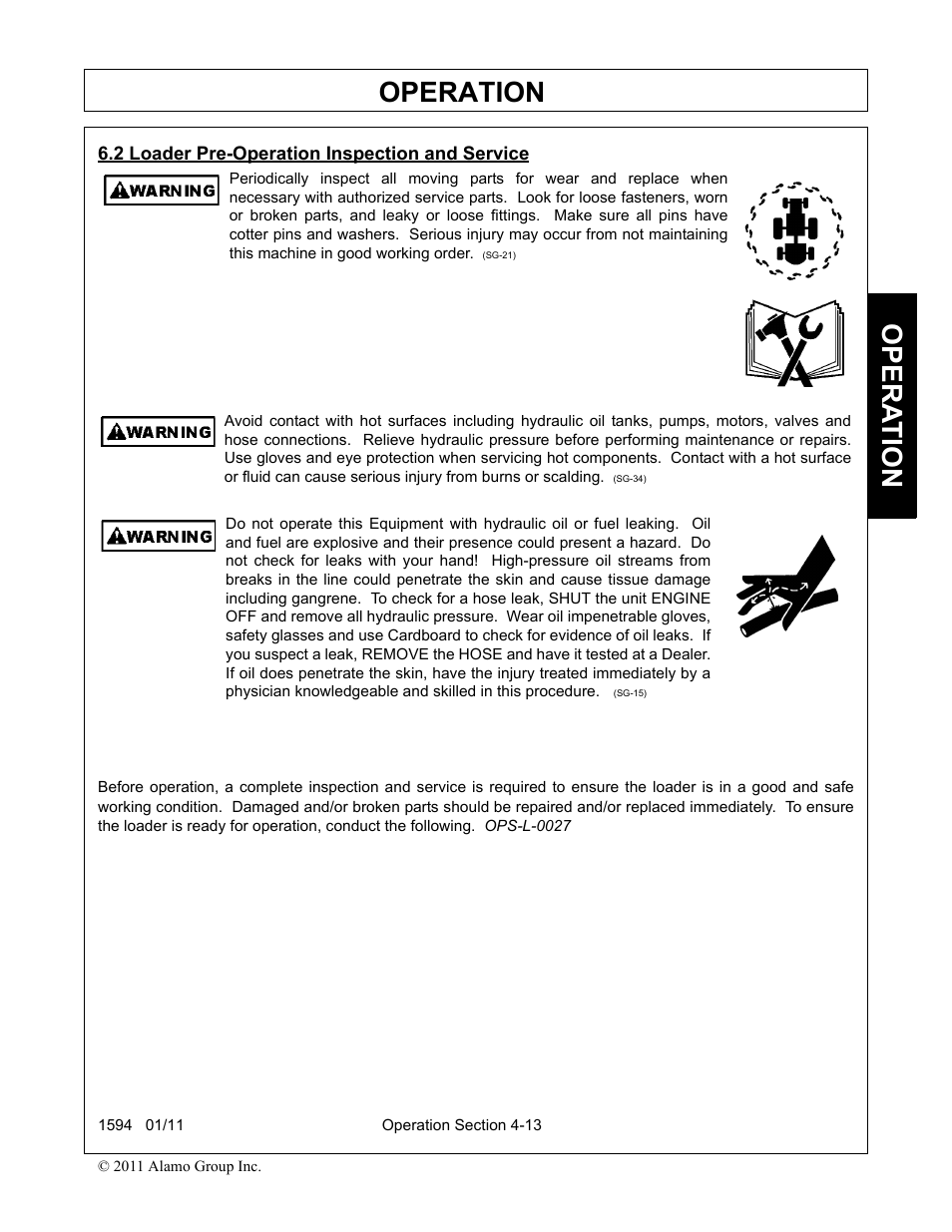 2 loader pre-operation inspection and service, Loader pre-operation inspection and service -13, Operation | Opera t ion | Rhino Mounts 1594 User Manual | Page 57 / 102