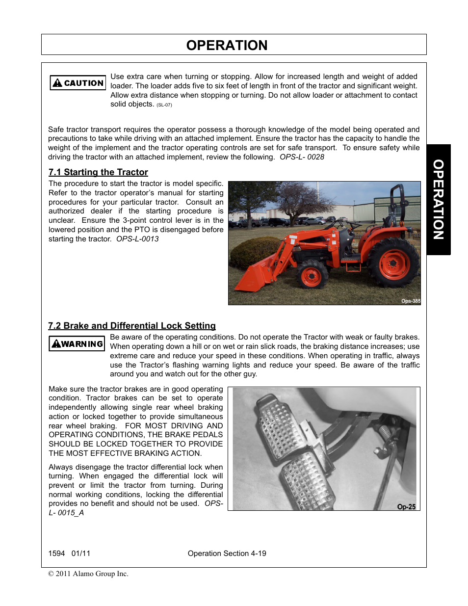 1 starting the tractor, 2 brake and differential lock setting, Operation | Opera t ion | Rhino Mounts 1594 User Manual | Page 63 / 102
