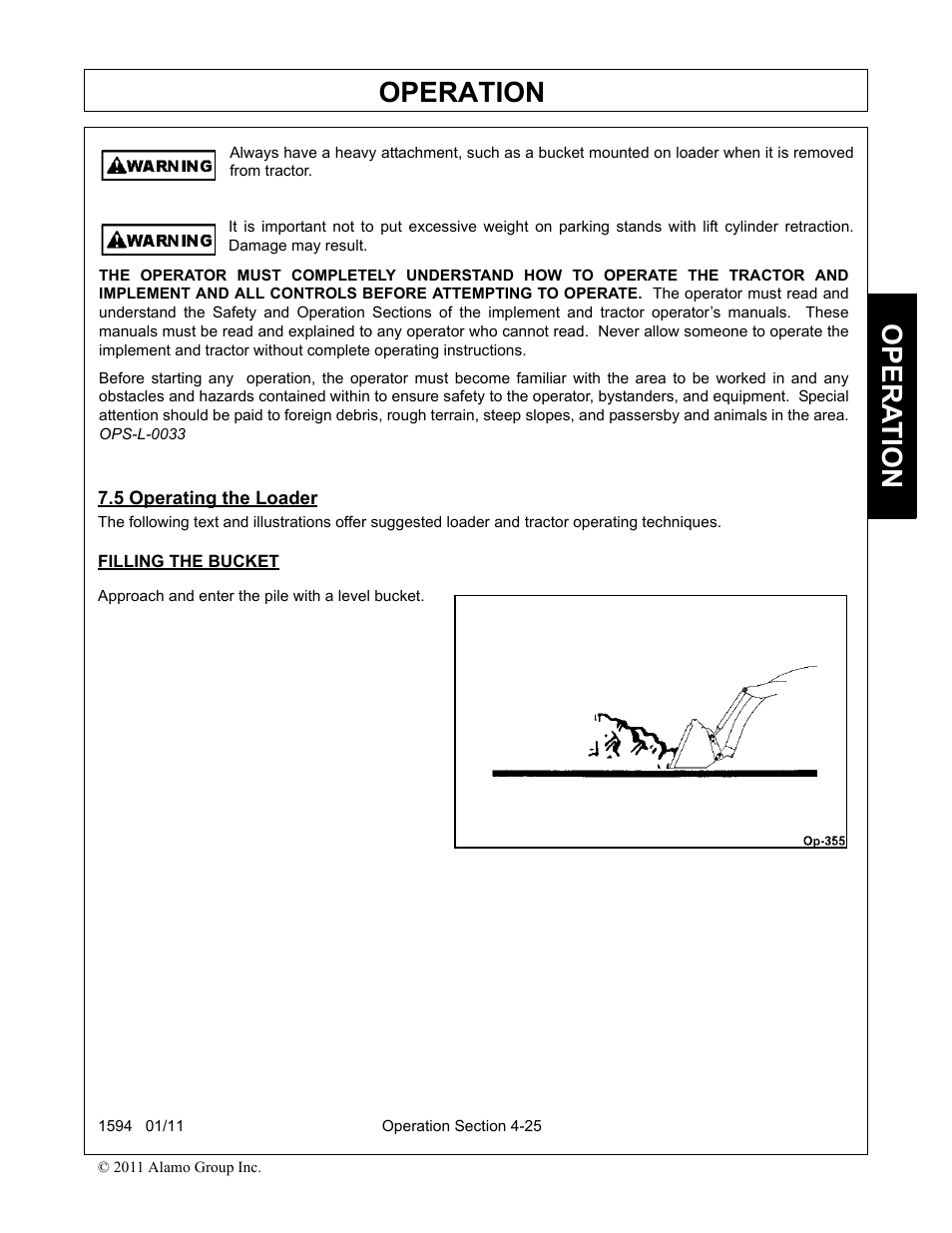 5 operating the loader, Filling the bucket, Operating the loader -25 | Operation, Opera t ion | Rhino Mounts 1594 User Manual | Page 69 / 102