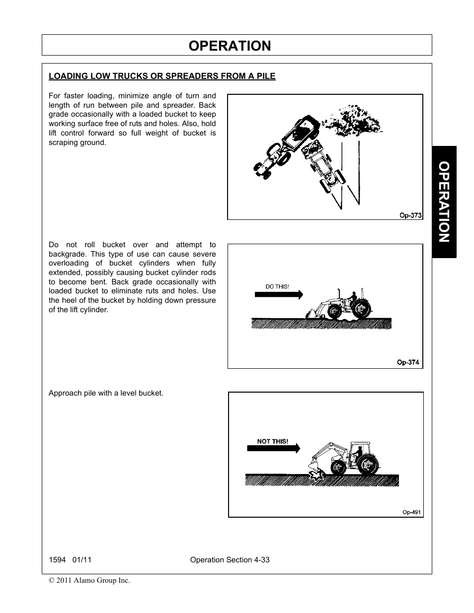Loading low trucks or spreaders from a pile, Operation, Opera t ion | Rhino Mounts 1594 User Manual | Page 77 / 102