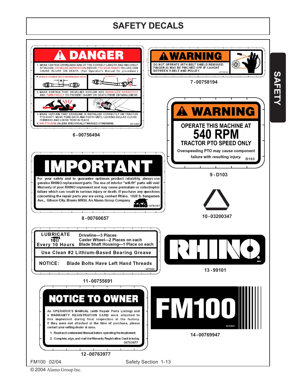 Safety safety decals | Rhino Mounts FM100 User Manual | Page 19 / 100