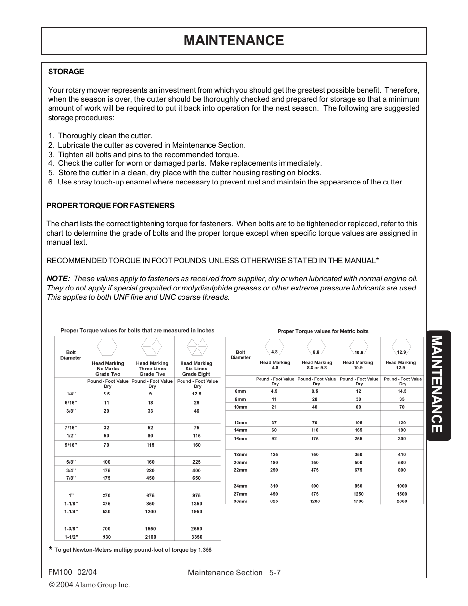 Storage -7 torque settings -7, Maintenance | Rhino Mounts FM100 User Manual | Page 89 / 100