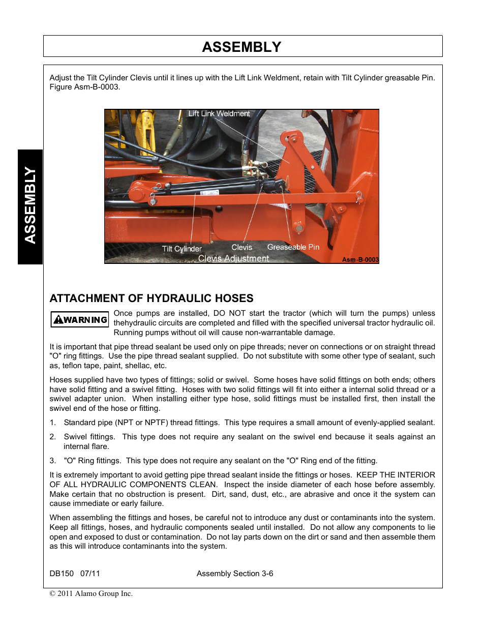 Attachment of hydraulic hoses, Attachment of hydraulic hoses -6, Assembly | Assembl y | Rhino Mounts BOOM ARM MOWER DB150 User Manual | Page 102 / 196