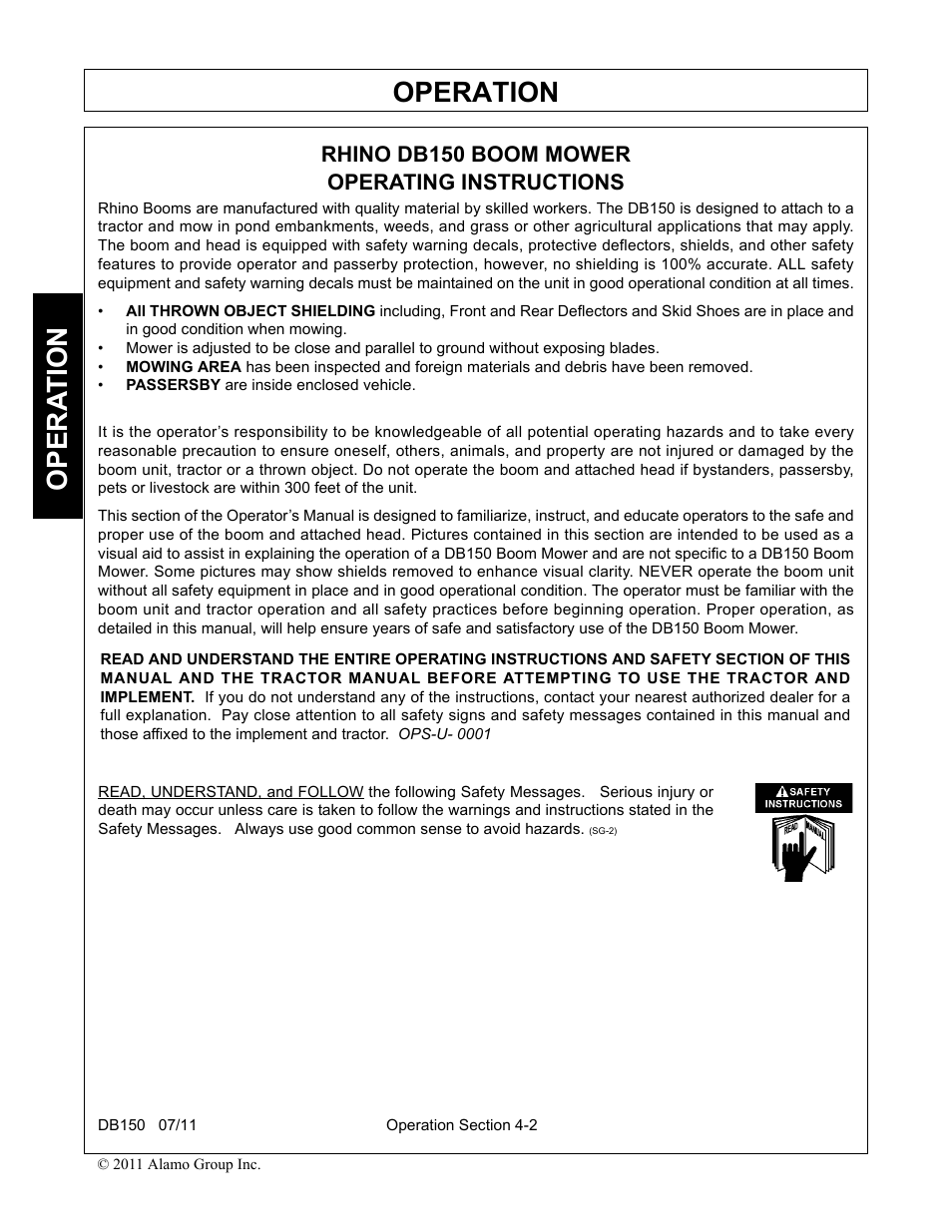 Operation, Opera t ion, Rhino db150 boom mower operating instructions | Rhino Mounts BOOM ARM MOWER DB150 User Manual | Page 108 / 196