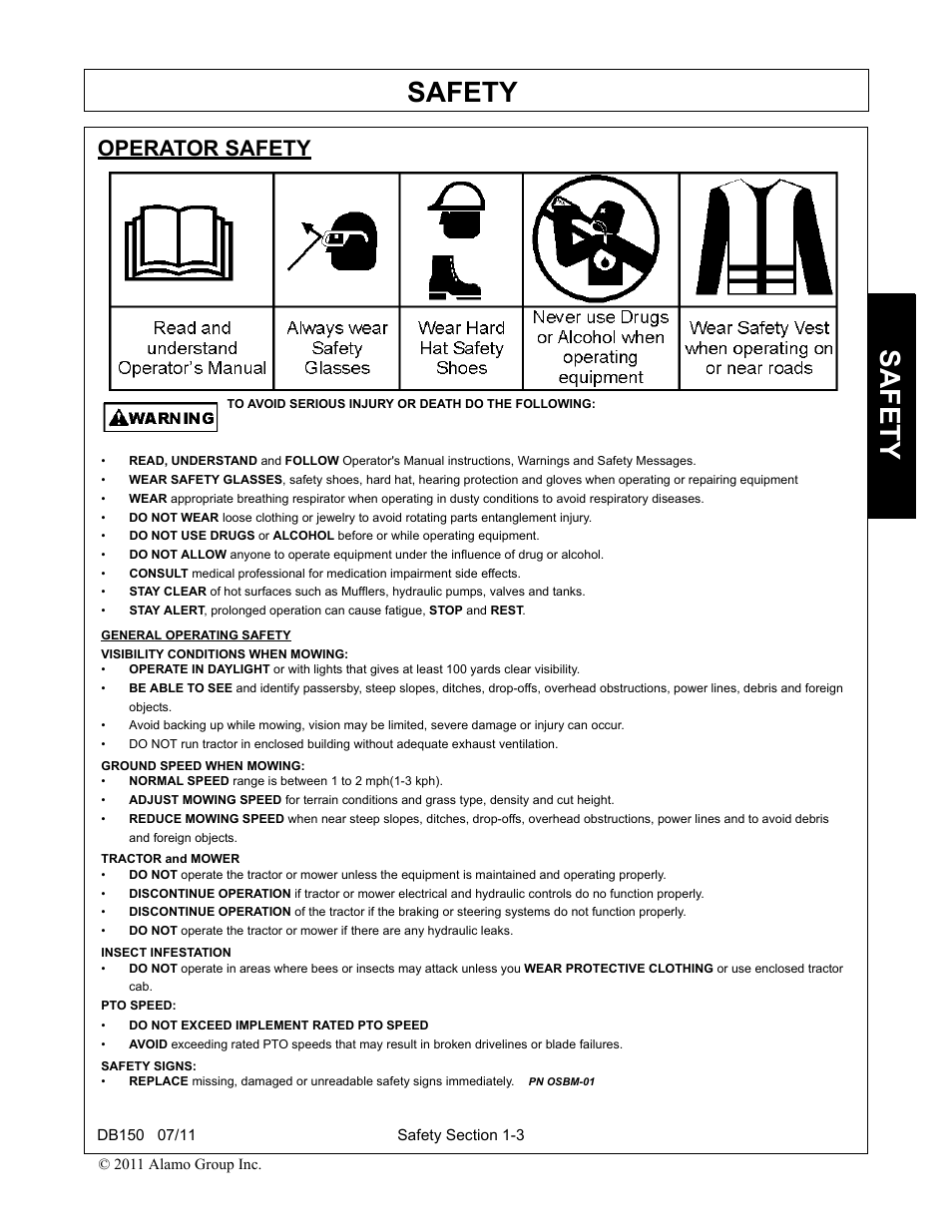Operator safety, Operator safety -3, Safety | Rhino Mounts BOOM ARM MOWER DB150 User Manual | Page 11 / 196