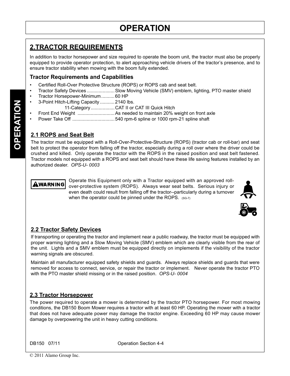 Tractor requirements and capabilities, 1 rops and seat belt, 2 tractor safety devices | 3 tractor horsepower, Operation, Opera t ion, Tractor requirements | Rhino Mounts BOOM ARM MOWER DB150 User Manual | Page 110 / 196