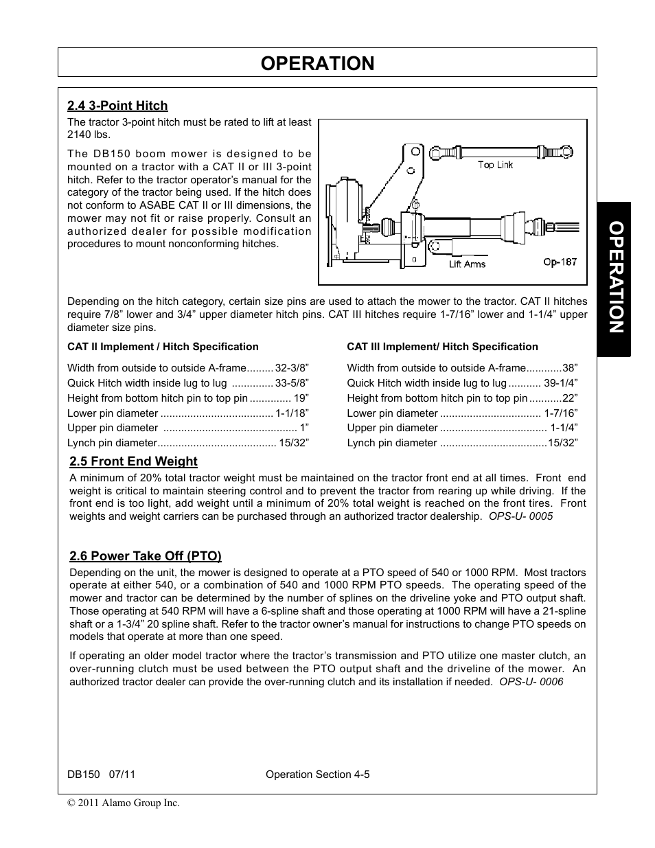4 3-point hitch, 5 front end weight, 6 power take off (pto) | Operation, Opera t ion | Rhino Mounts BOOM ARM MOWER DB150 User Manual | Page 111 / 196