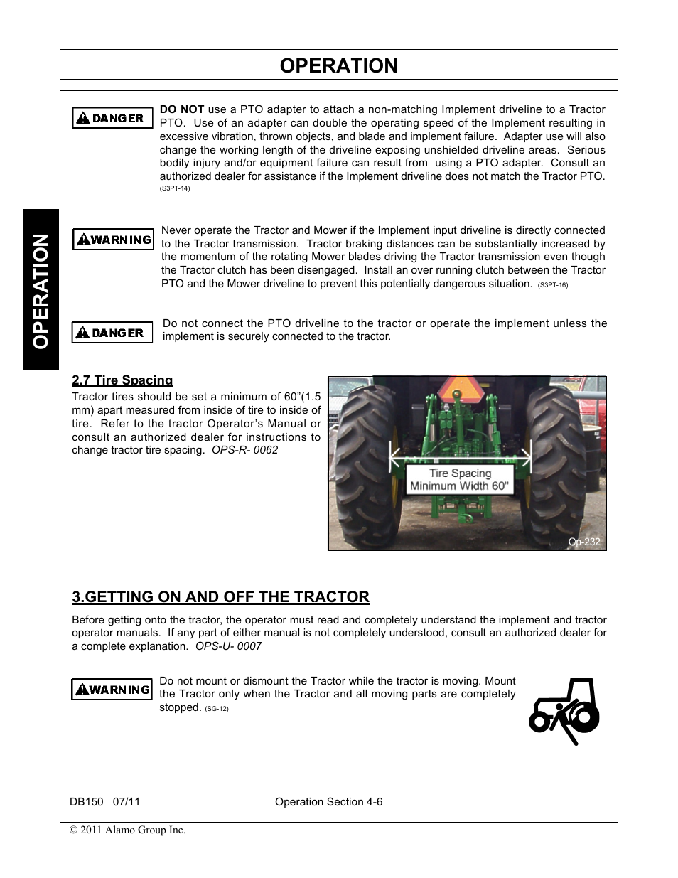 7 tire spacing, Getting on and off the tractor, Tire spacing -6 getting on and off the tractor -6 | Operation, Opera t ion | Rhino Mounts BOOM ARM MOWER DB150 User Manual | Page 112 / 196