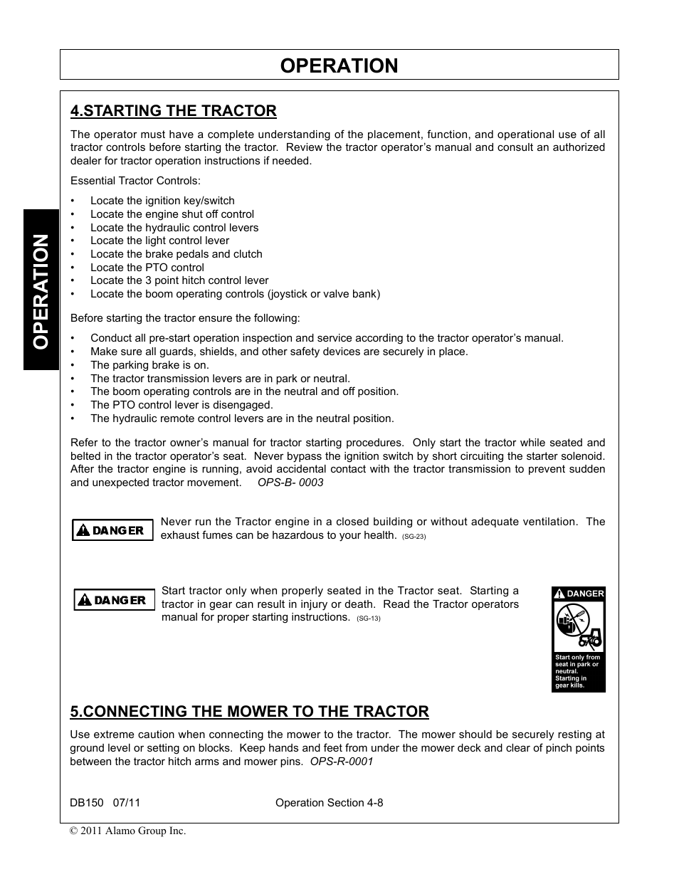 Starting the tractor, Connecting the mower to the tractor, Operation | Opera t ion | Rhino Mounts BOOM ARM MOWER DB150 User Manual | Page 114 / 196