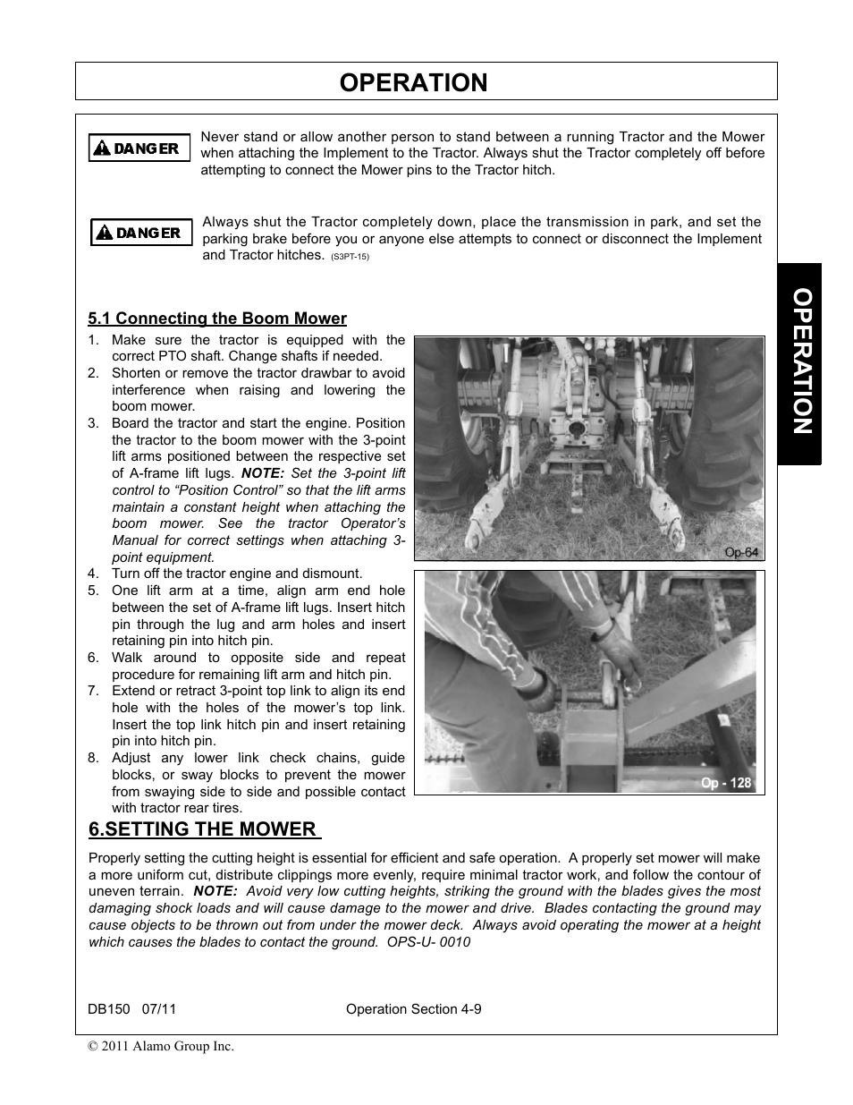 1 connecting the boom mower, Turn off the tractor engine and dismount, Setting the mower | Connecting the boom mower -9 setting the mower -9, Operation, Opera t ion | Rhino Mounts BOOM ARM MOWER DB150 User Manual | Page 115 / 196