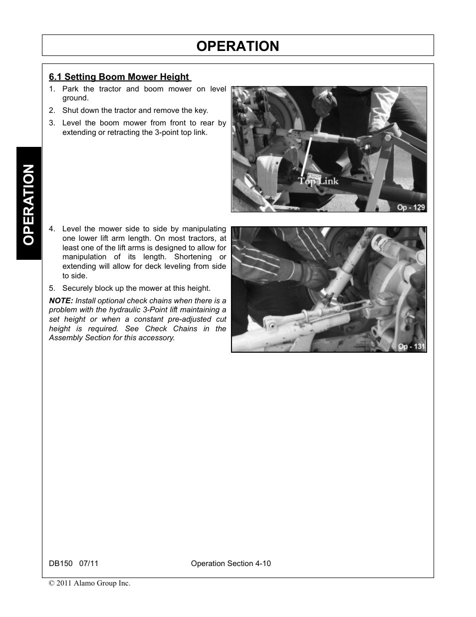 1 setting boom mower height, Setting boom mower height -10, Operation | Opera t ion | Rhino Mounts BOOM ARM MOWER DB150 User Manual | Page 116 / 196