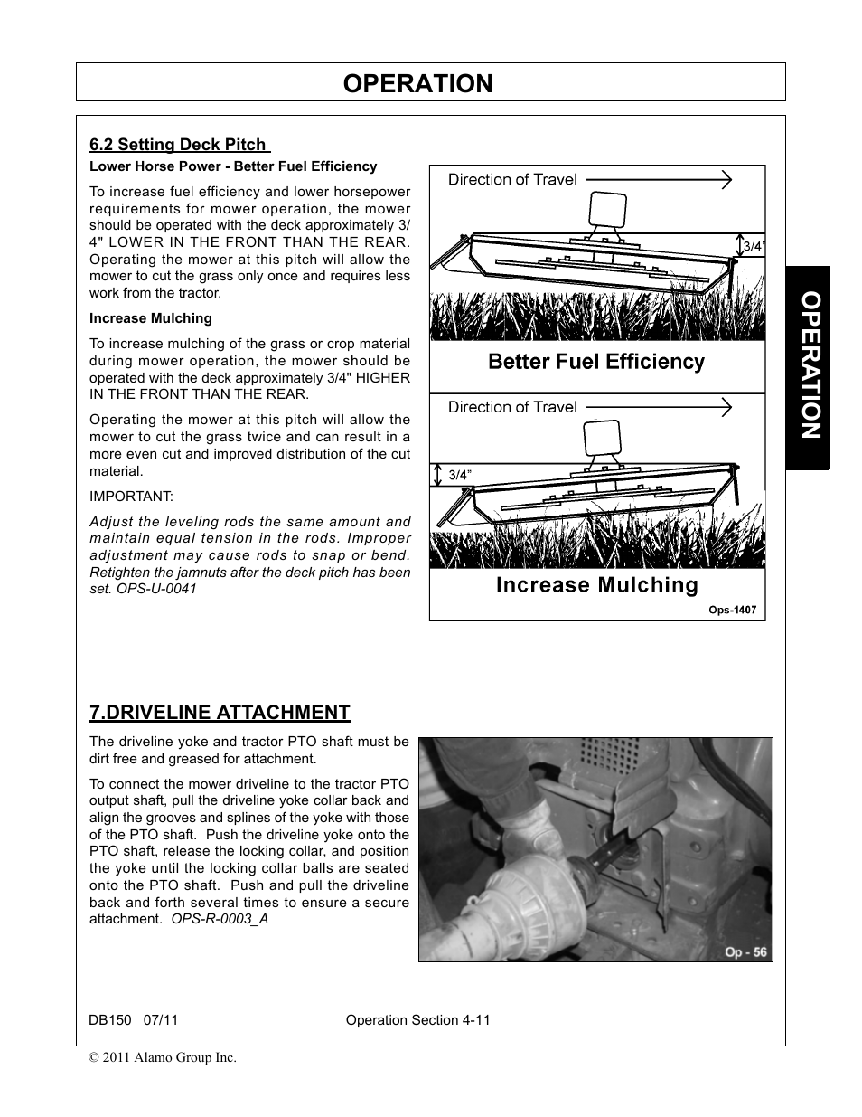 2 setting deck pitch, Driveline attachment, Setting deck pitch -11 driveline attachment -11 | Operation, Opera t ion | Rhino Mounts BOOM ARM MOWER DB150 User Manual | Page 117 / 196