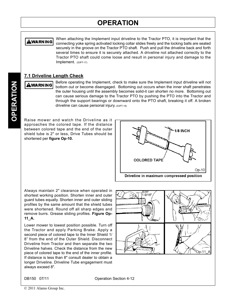1 driveline length check, Driveline length check -12, Operation | Opera t ion | Rhino Mounts BOOM ARM MOWER DB150 User Manual | Page 118 / 196