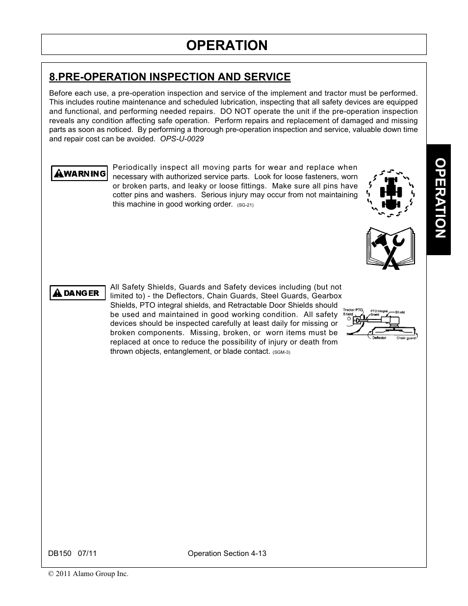 Pre-operation inspection and service, Pre-operation inspection and service -13, Operation | Opera t ion | Rhino Mounts BOOM ARM MOWER DB150 User Manual | Page 119 / 196