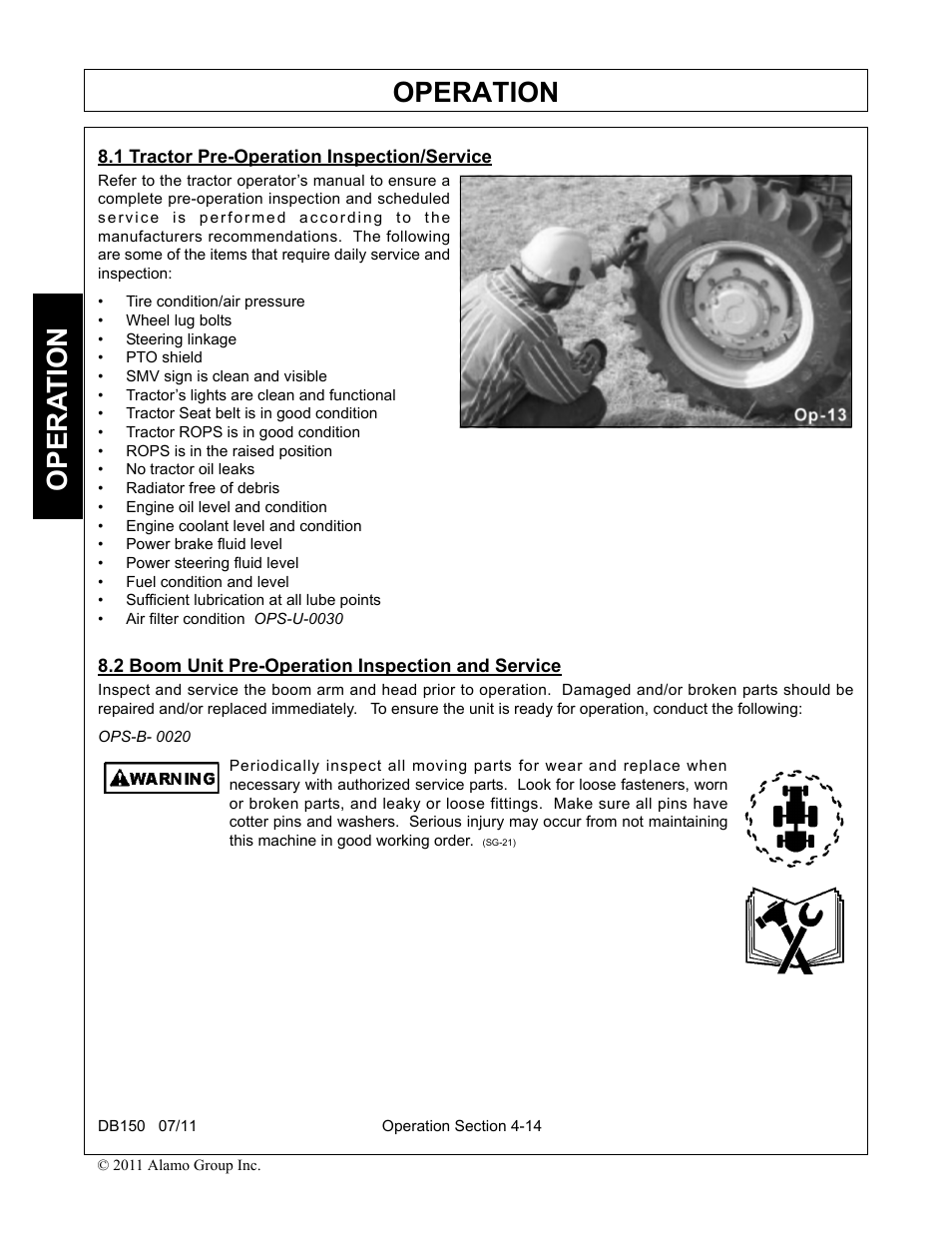 1 tractor pre-operation inspection/service, 2 boom unit pre-operation inspection and service, Operation | Opera t ion | Rhino Mounts BOOM ARM MOWER DB150 User Manual | Page 120 / 196