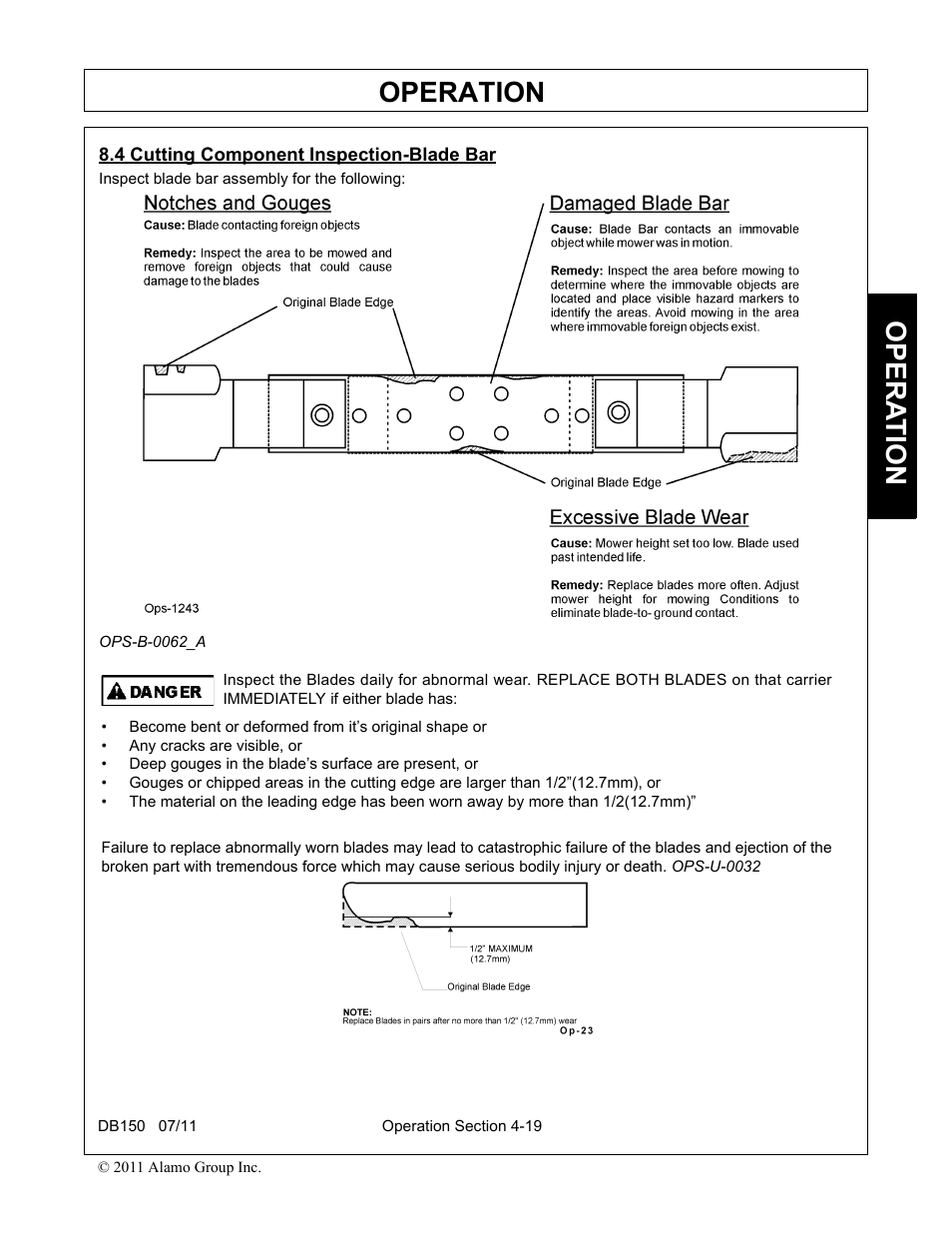 4 cutting component inspection-blade bar, Cutting component inspection-blade bar -19, Operation | Opera t ion | Rhino Mounts BOOM ARM MOWER DB150 User Manual | Page 125 / 196