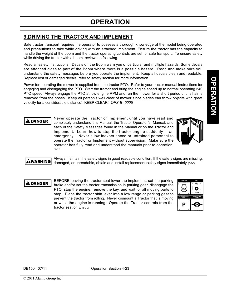 Driving the tractor and implement, Driving the tractor and implement -23, Operation | Opera t ion | Rhino Mounts BOOM ARM MOWER DB150 User Manual | Page 129 / 196