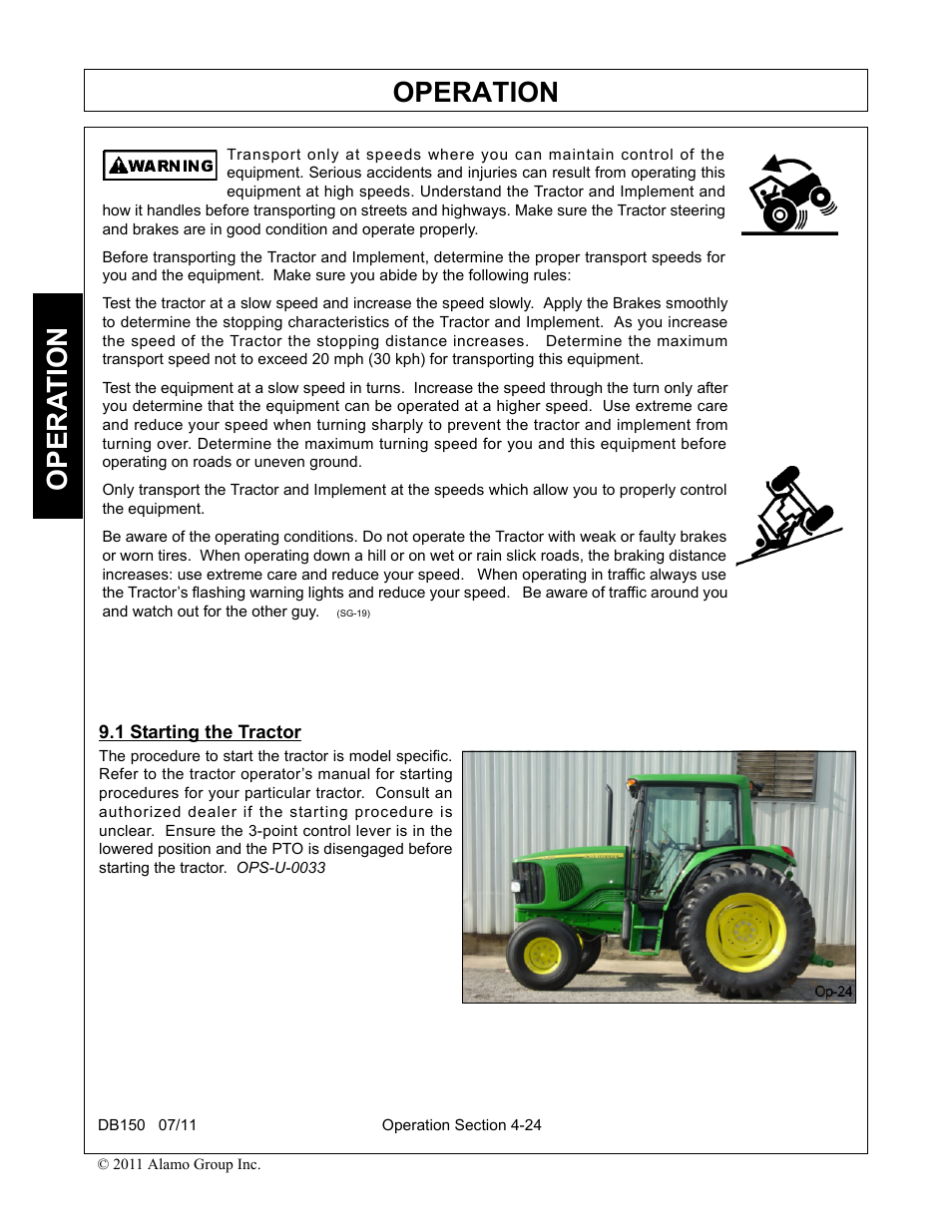 1 starting the tractor, Starting the tractor -24, Operation | Opera t ion | Rhino Mounts BOOM ARM MOWER DB150 User Manual | Page 130 / 196