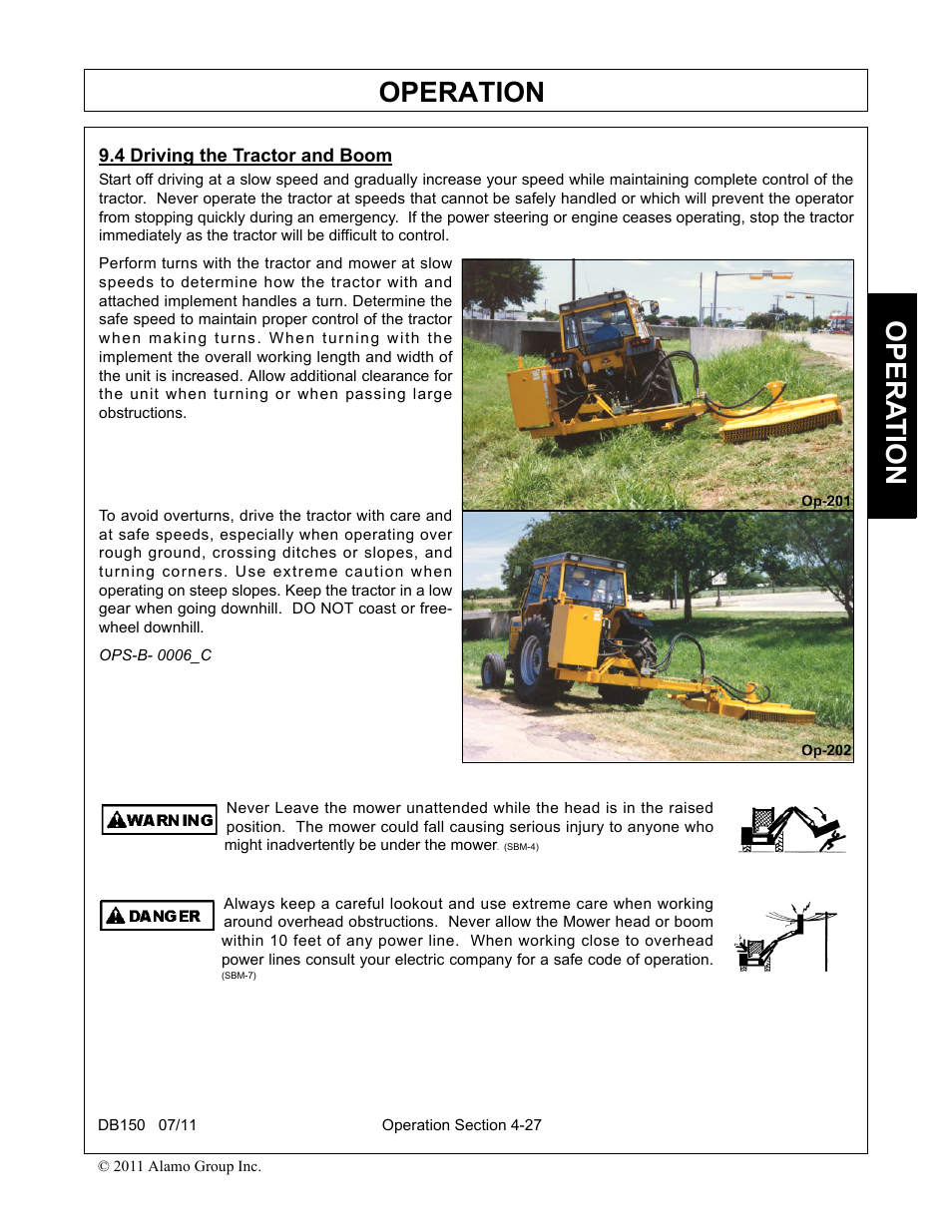 4 driving the tractor and boom, Driving the tractor and boom -27, Operation | Opera t ion | Rhino Mounts BOOM ARM MOWER DB150 User Manual | Page 133 / 196