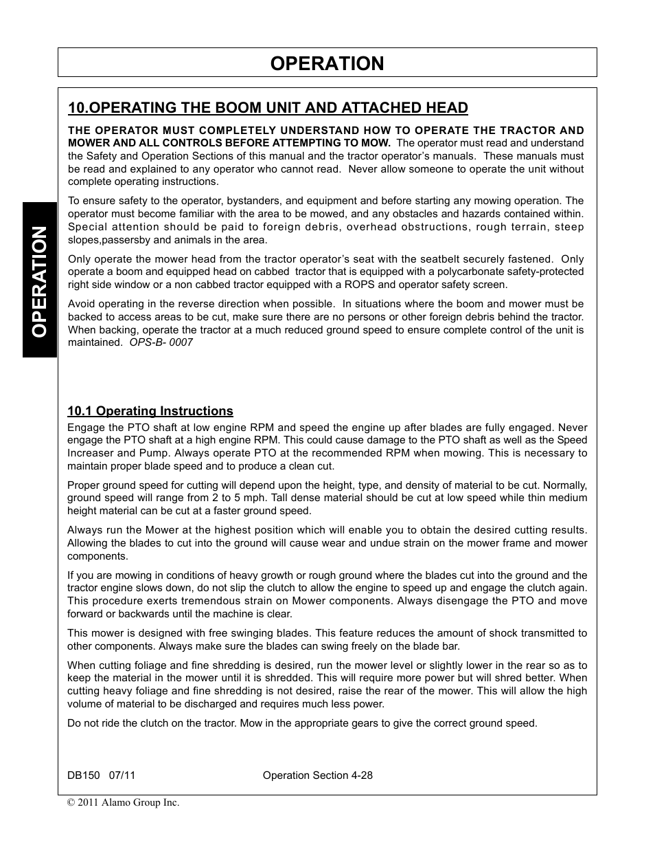 Operating the boom unit and attached head, 1 operating instructions, Operation | Opera t ion | Rhino Mounts BOOM ARM MOWER DB150 User Manual | Page 134 / 196