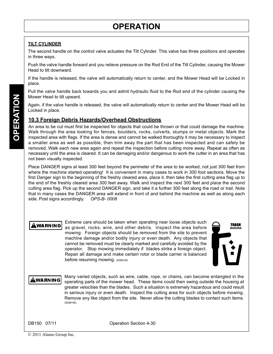 3 foreign debris hazards/overhead obstructions, Foreign debris hazards/overhead obstructions -30, Operation | Opera t ion | Rhino Mounts BOOM ARM MOWER DB150 User Manual | Page 136 / 196