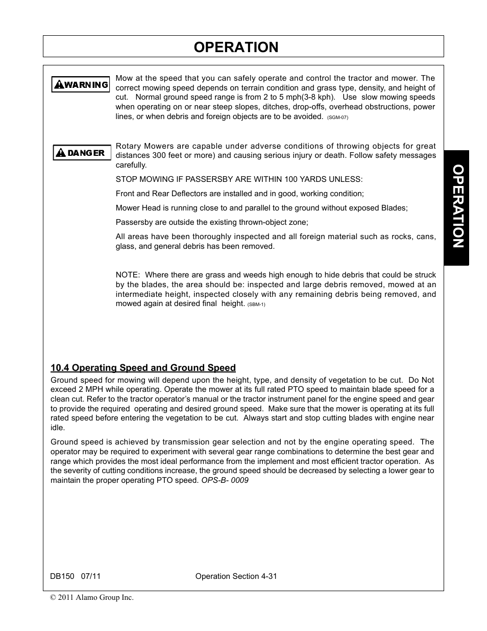 4 operating speed and ground speed, Operating speed and ground speed -31, Operation | Opera t ion | Rhino Mounts BOOM ARM MOWER DB150 User Manual | Page 137 / 196