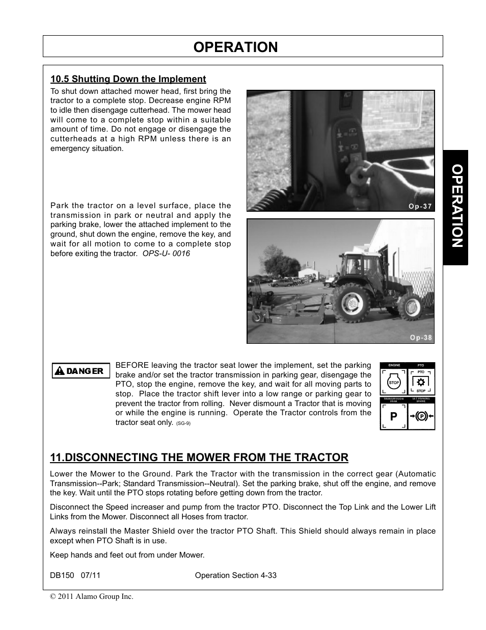 5 shutting down the implement, Disconnecting the mower from the tractor, Operation | Opera t ion | Rhino Mounts BOOM ARM MOWER DB150 User Manual | Page 139 / 196